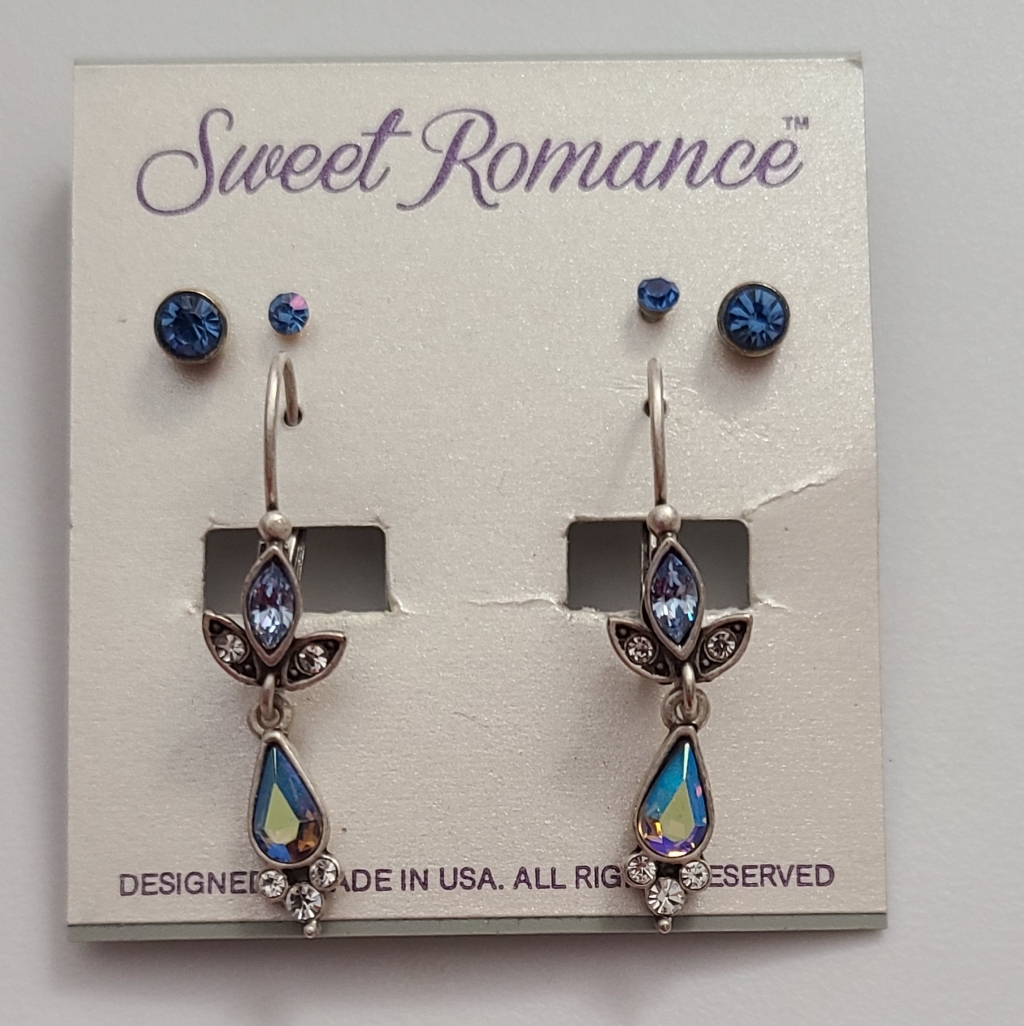 Sweet Romance Blue Ab Chandelier Earrings New On Card Studs 3 Pair
